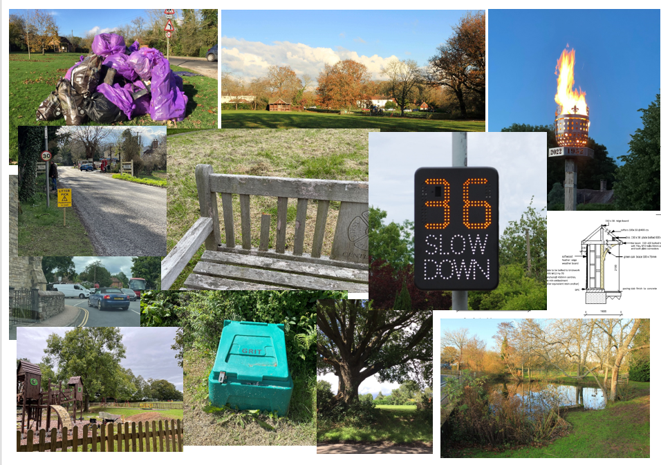 Montage of pictures showing the work of the Parish Council, including grit bin, playpark, pile of rubbish, broken bench, Plaistow pond, old oak tree, bus shelter design, traffic